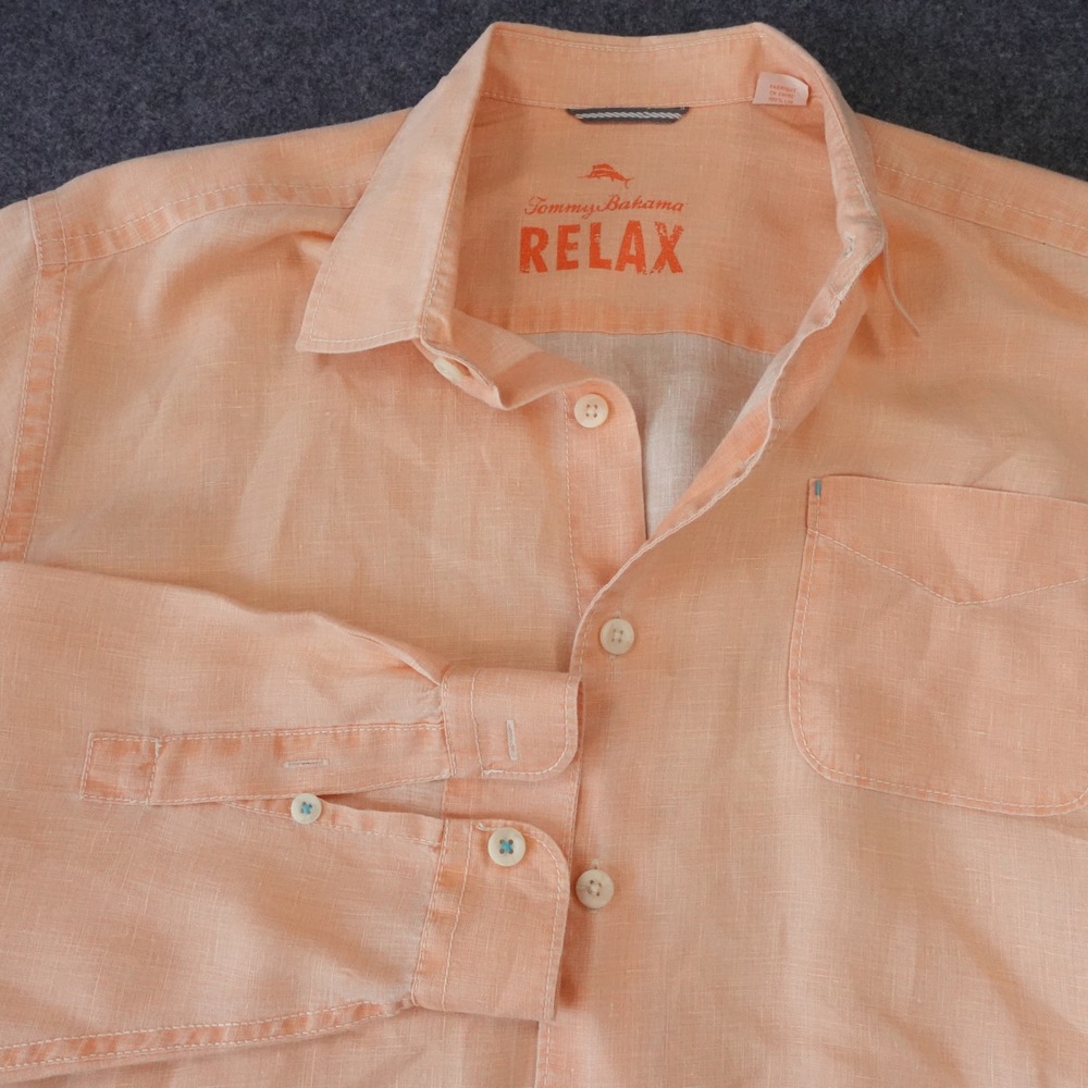 Tommy Bahama Relax Mens L Peach Orange 100% Linen Long Sleeve Button Down Shirt